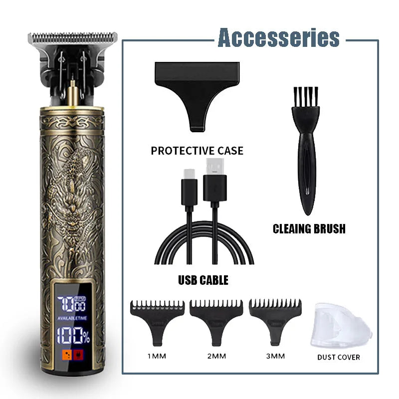 A professional electric hair trimmer with accessories including a protective case, cleaning brush, USB cable, and various siz