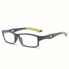 Gray rectangular anti-blue light reading glasses with yellow accents