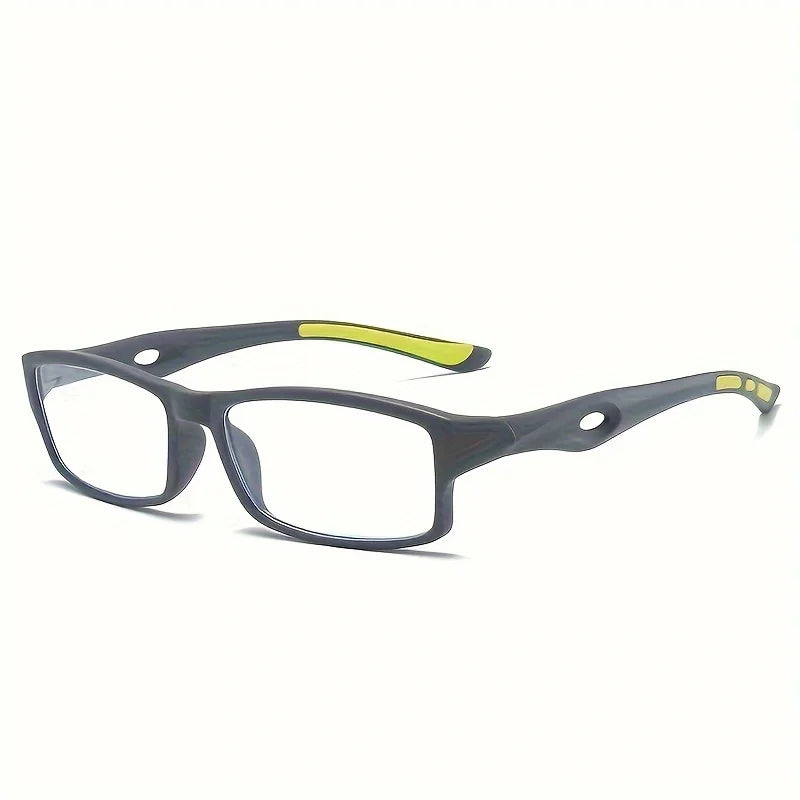 A pair of rectangular anti-blue light reading glasses with dark gray frames and yellow accents.