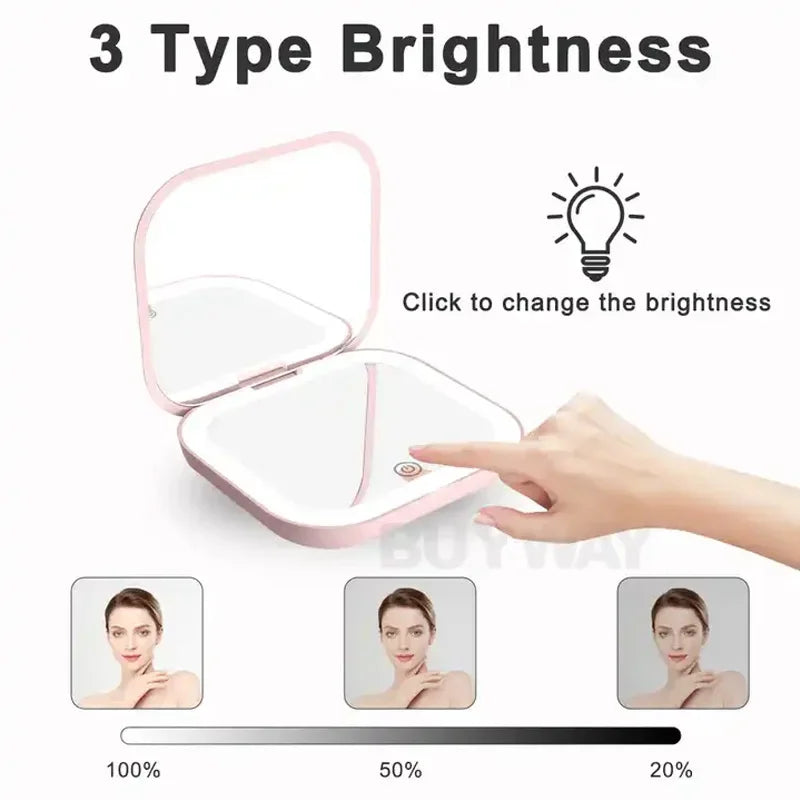 Miroir de vanité pliable compact avec lumière LED intégrée à trois niveaux de luminosité.