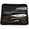 A black case containing professional stainless steel hair cutting scissors and combs.