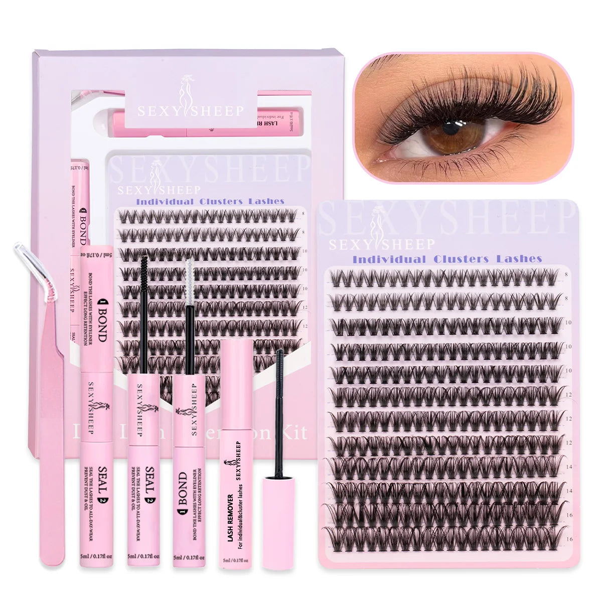 A pink box and kit containing individual clusters lashes, lash remover, and tools for DIY lash cluster extension.