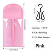 Pink clear storage bag for wigs with a metal hanger