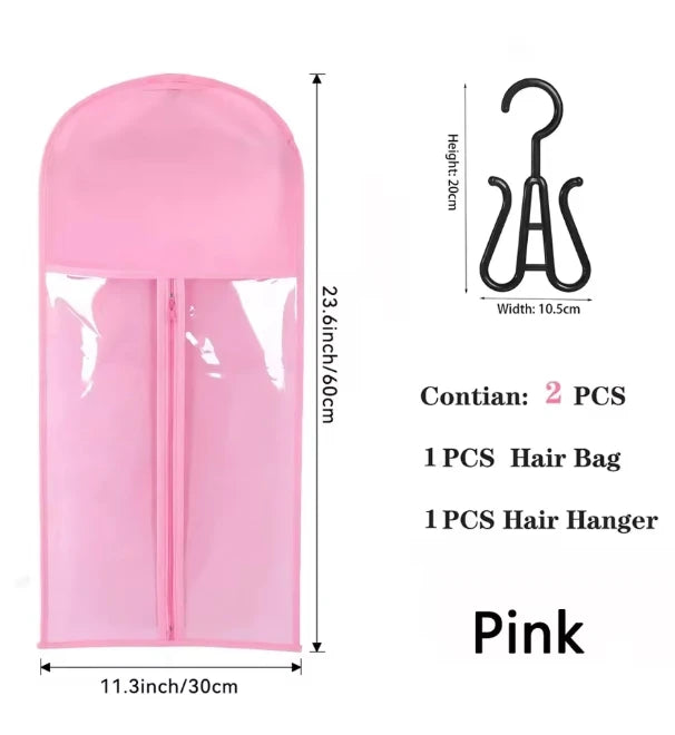 Pink clear storage bag for wigs with a metal hanger