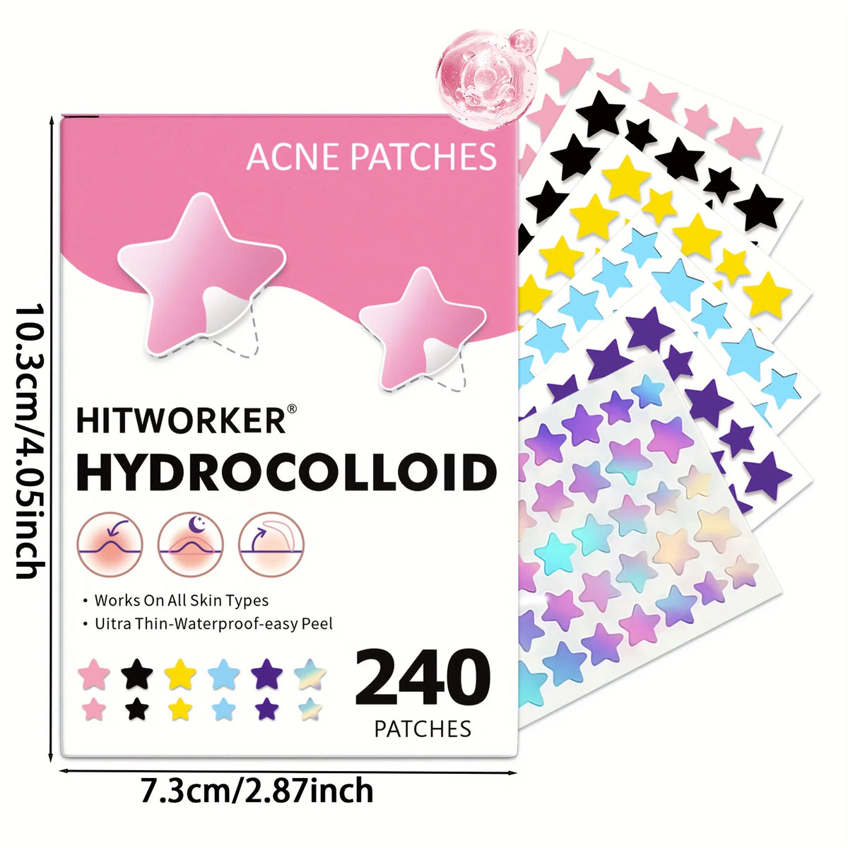 Un paquet de patchs hydcolloïdes Hitworker pour l'acné, avec divers patchs en forme d'étoile colorés.