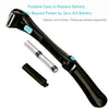Black folding back shaver with an adjustable handle and two AA batteries shown next to it.