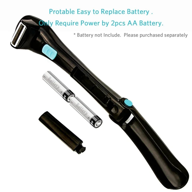 Black folding back shaver with an adjustable handle and two AA batteries shown next to it.