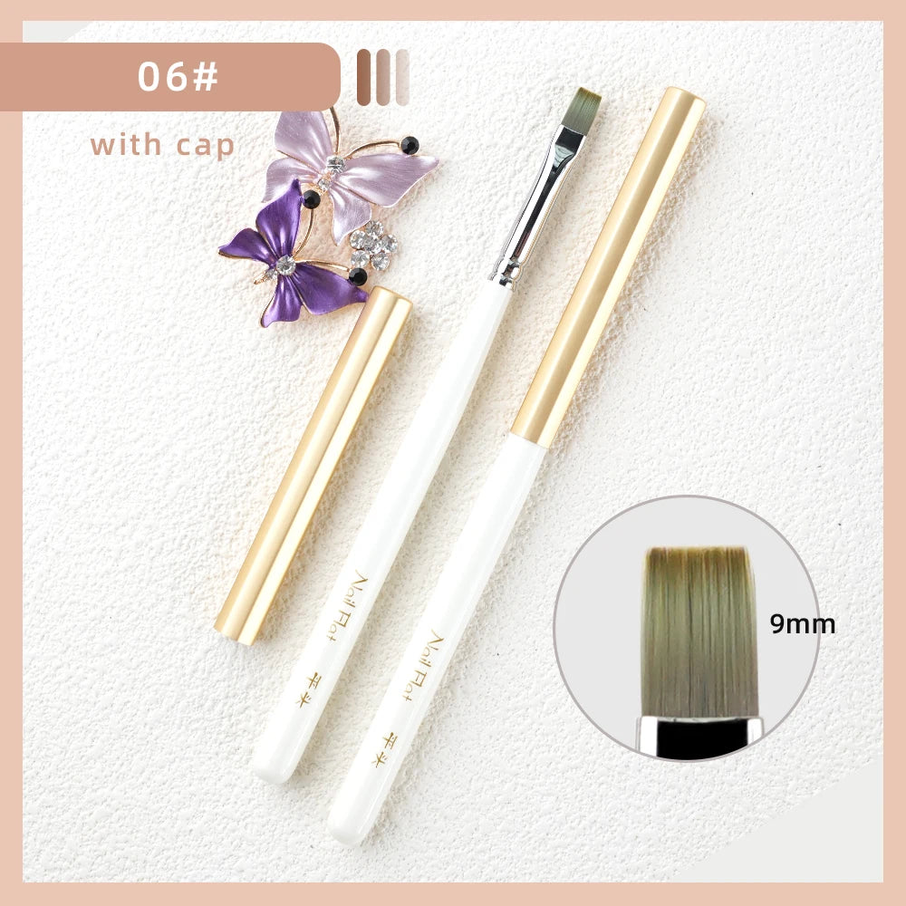A set of professional nail art brushes with a gold handle and white ferrule, featuring a 9mm tip.