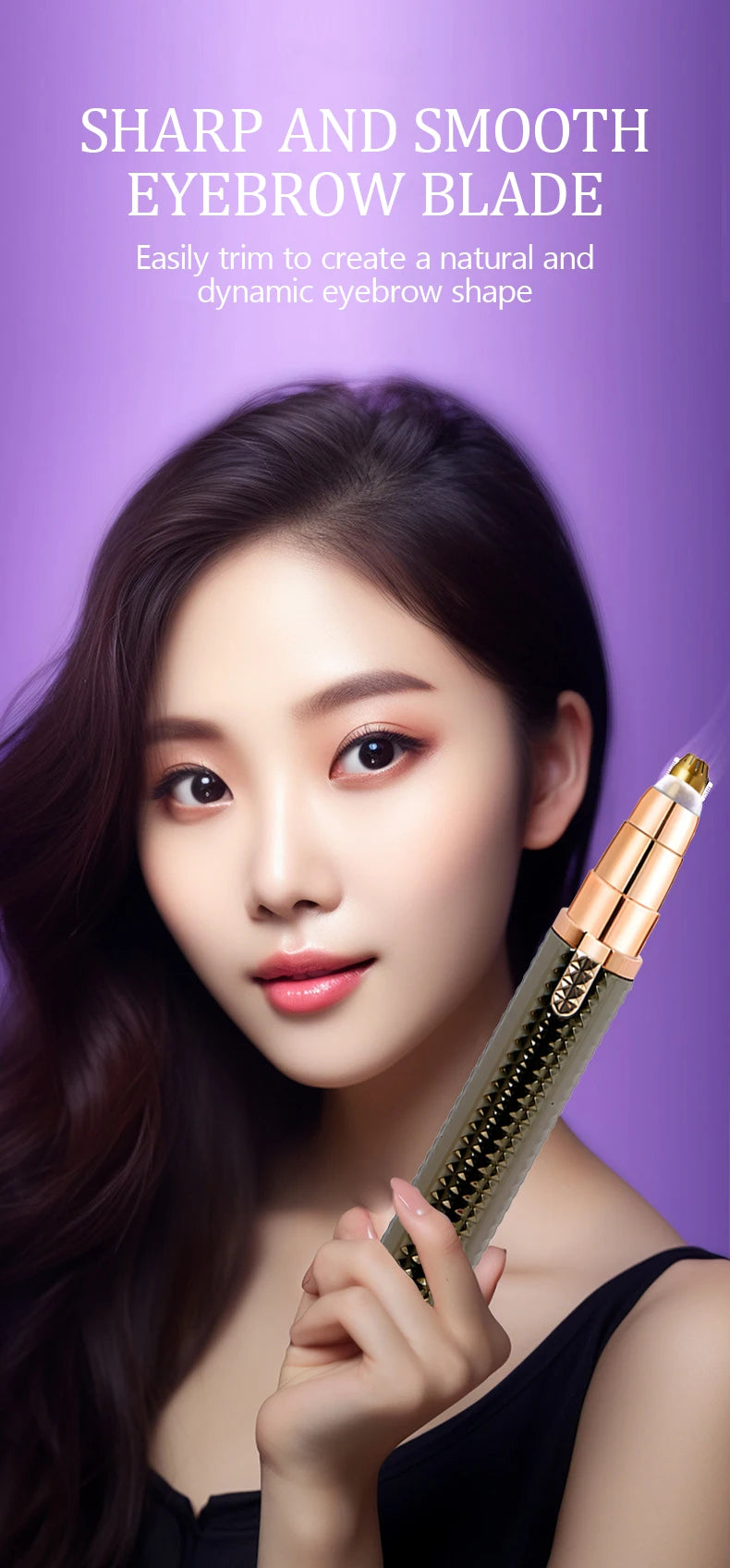 A woman is shown using a sharp and smooth eyebrow blade for shaping eyebrows.