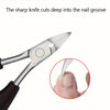 A pair of stainless steel nail clippers is shown cutting into a nail groove on a finger.