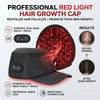 A black red light hair growth cap with LED lights, showing before and after results for hair density.