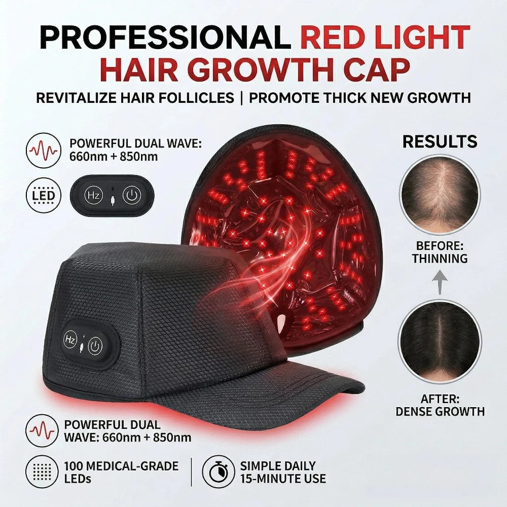 A black red light hair growth cap with LED lights, showing before and after results for hair density.