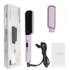 A purple electric hair straightener comb with a black cord and packaging box.