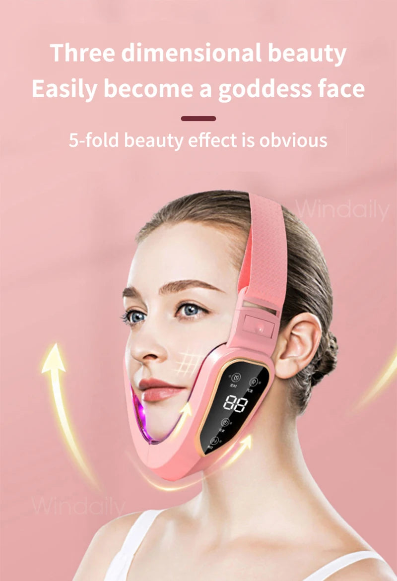A woman is using a pink facial lifting massager with LED therapy on her face.