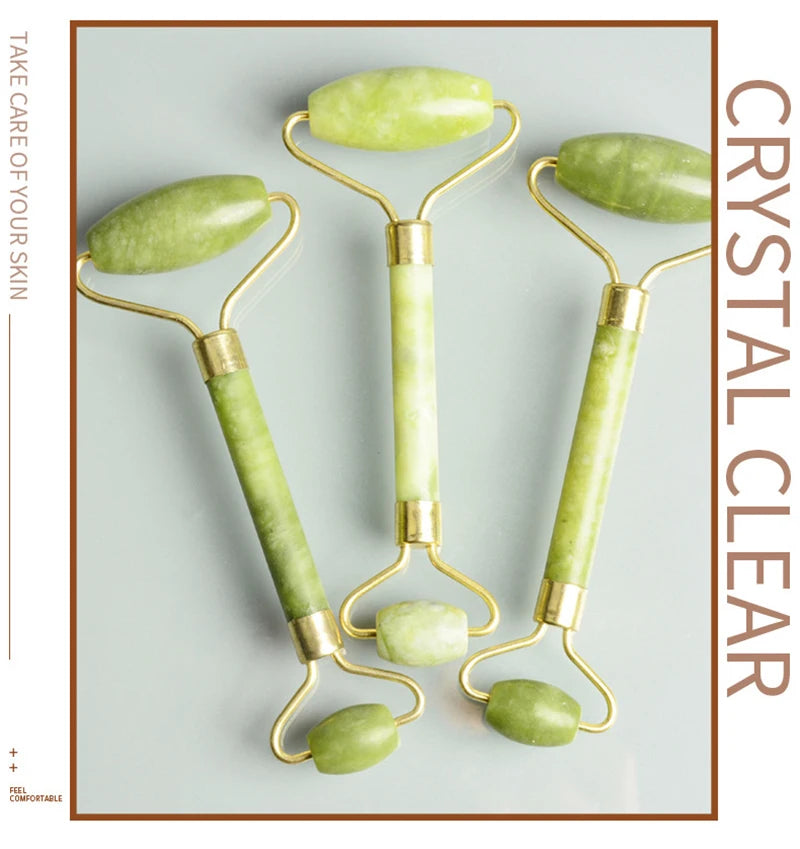 A set of three jade gua sha facial massagers in light green color displayed on a neutral background.