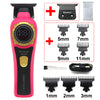 Rosa elektrische Haartrimmer mit verschiedenen austauschbaren Aufsätzen und Zubehör für professionelles Styling.