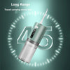 A silver portable electric water flosser device is shown against a teal background with a glowing circular design.