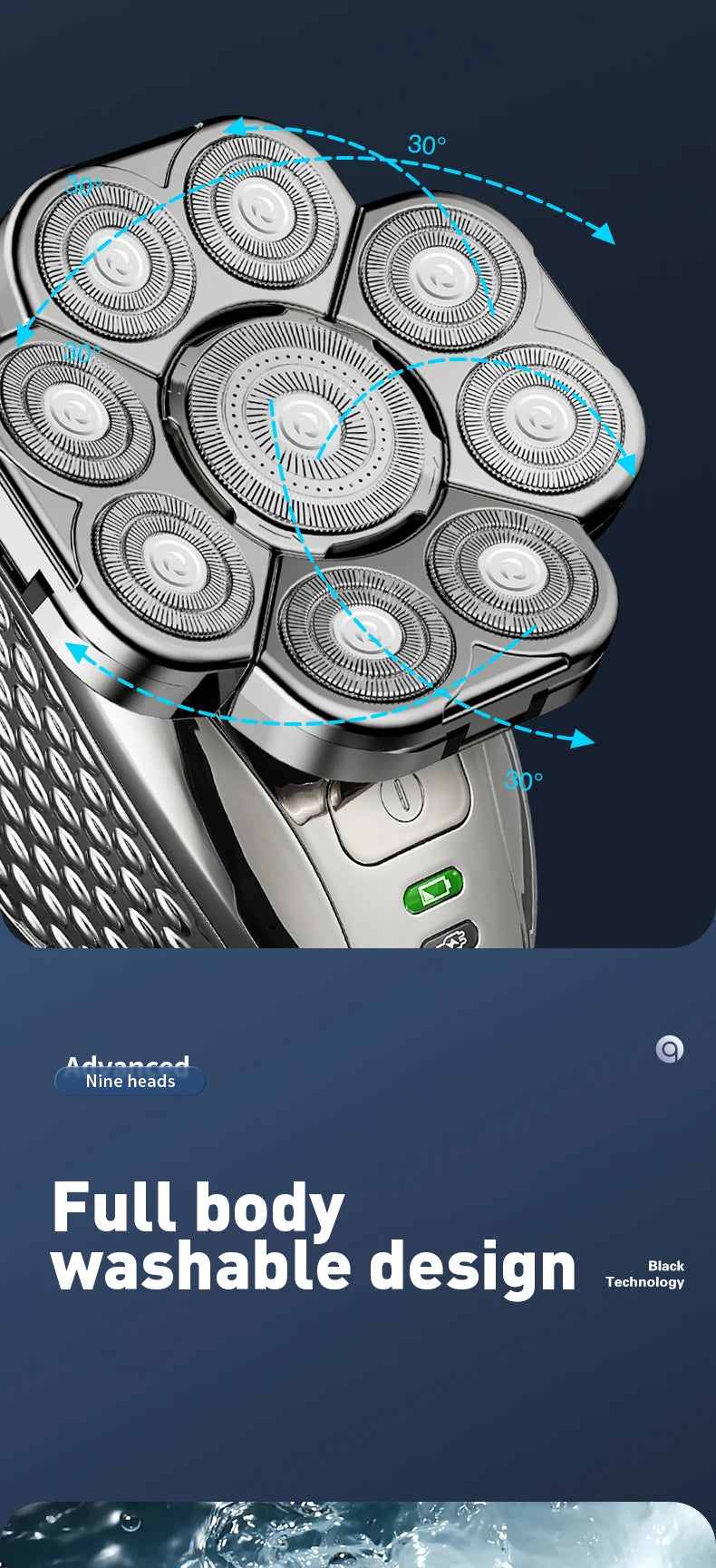 Close-up view of a silver electric head shaver with multiple rotating heads and a full body washable design.