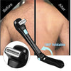 Before and after images of a black folding back shaver for men with an adjustable handle.