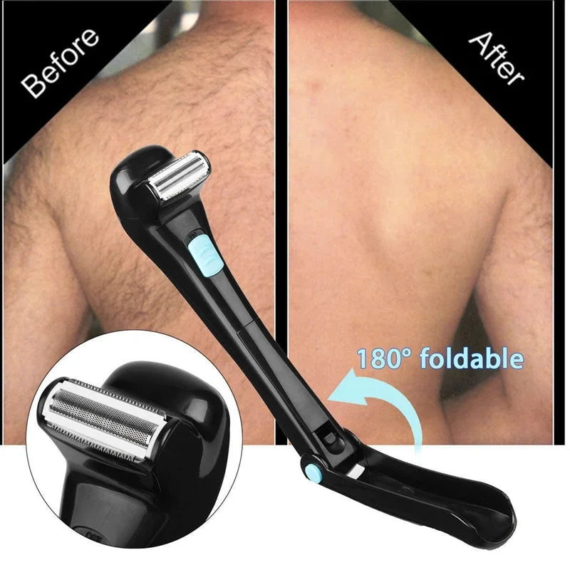Before and after images of a black folding back shaver for men with an adjustable handle.