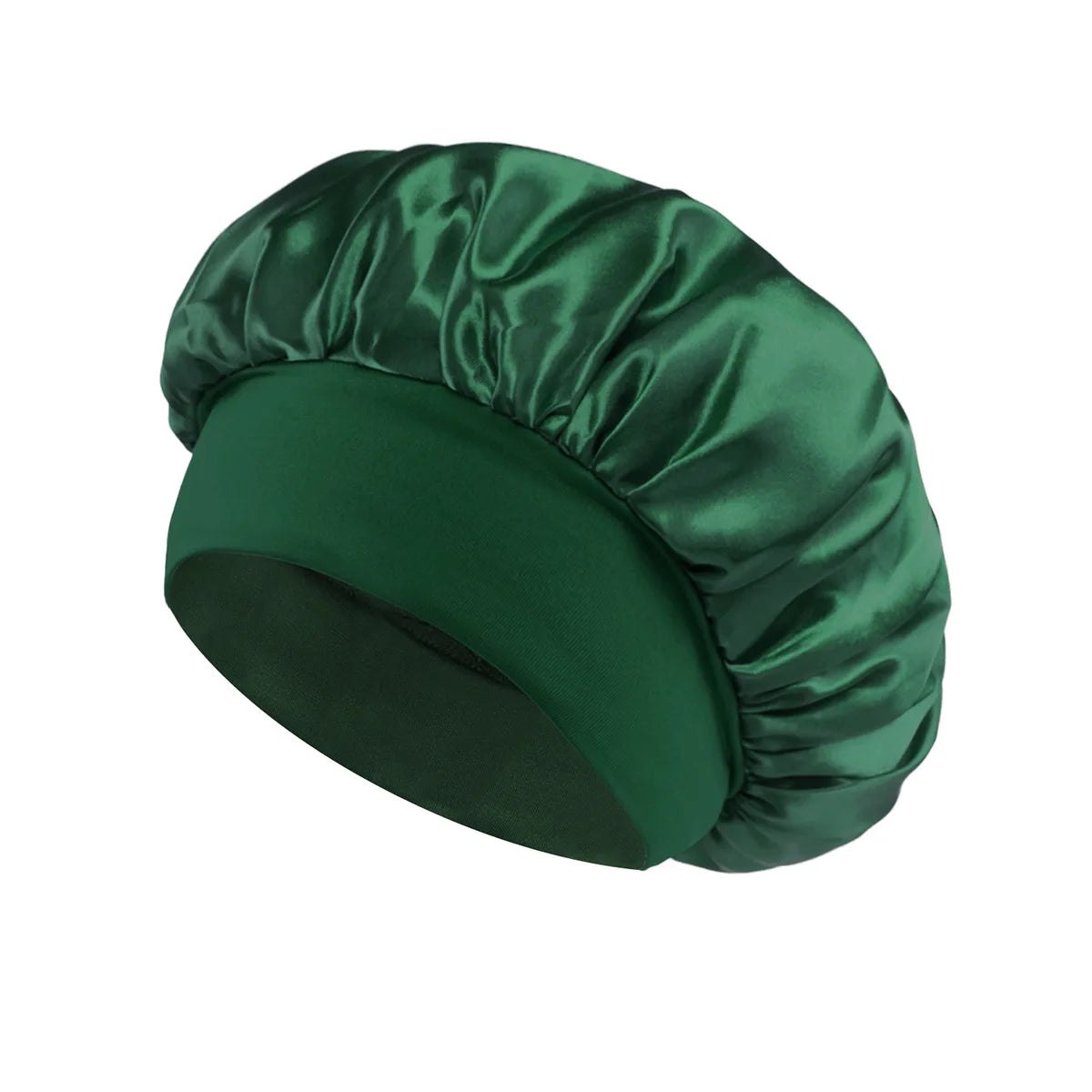 Dunkelgrüner Satin-Haarbonnet mit gerafftem Kronendesign.
