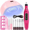 A pink professional nail care kit featuring an electric drill and various nail tools like files, drills, and polishers.