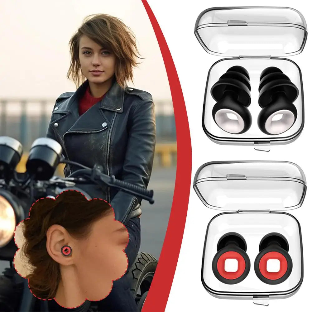 Une femme portant une veste en cuir à côté d'un paquet de bouchons d'oreille anti-bruit pour moto.