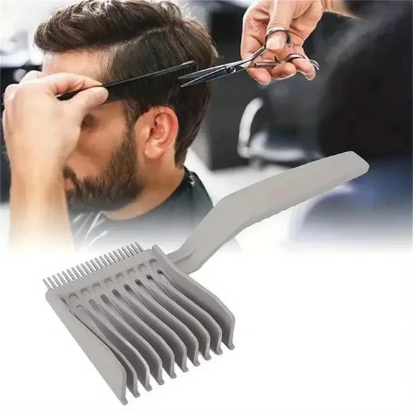 A professional V-shaped hair cutting comb set being used on a person's hair.