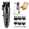 A black professional electric hair and beard trimmer set with various guard attachments.