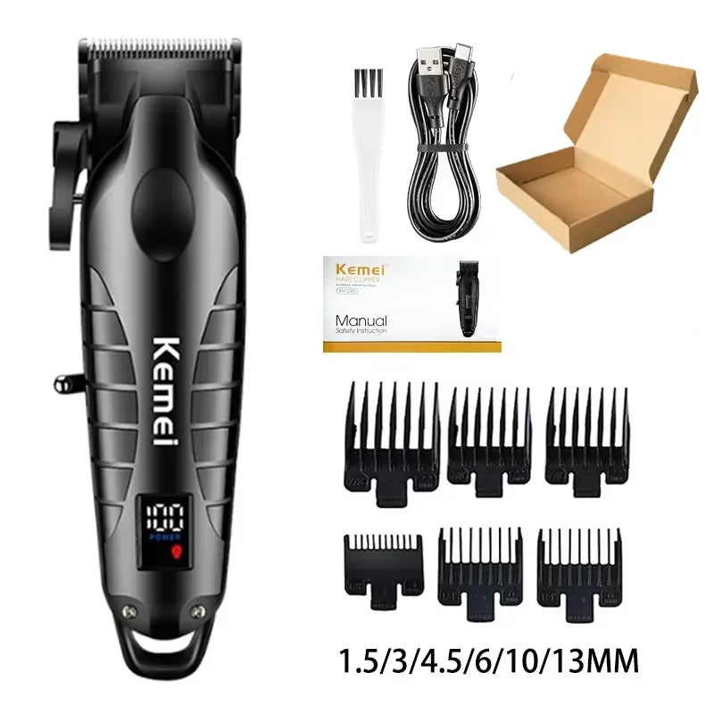 A black professional electric hair and beard trimmer set with various guard attachments.