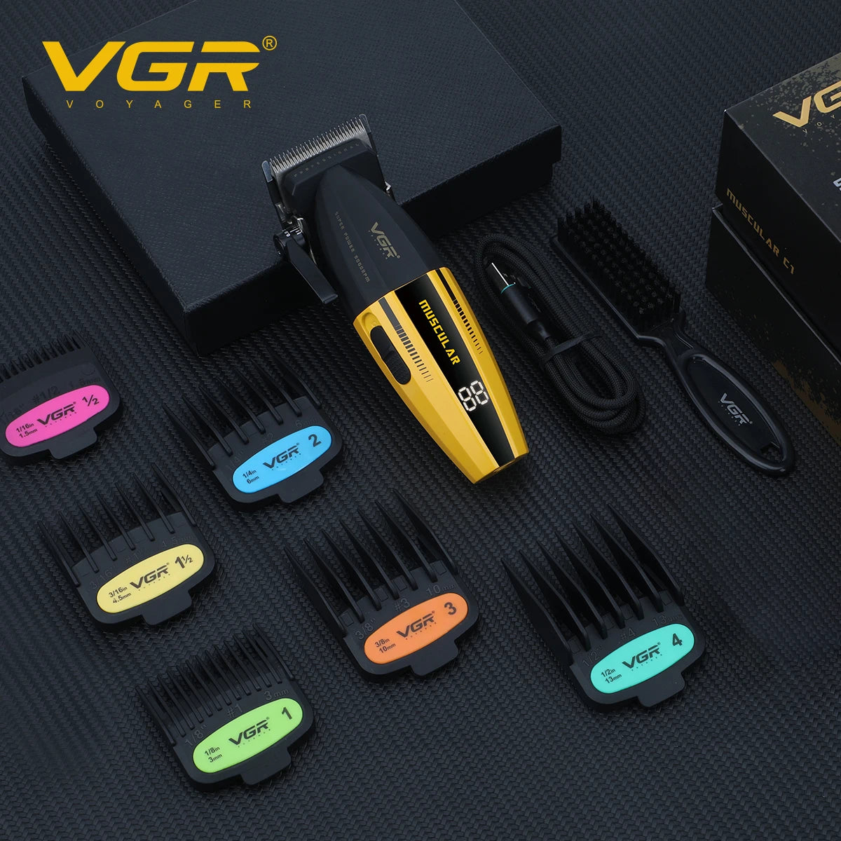A collection of VGR electric hair clippers and combs, including a main unit and various attachments, displayed on a dark surf