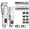 A set of professional cordless hair clipper and trimmer tools with various guard attachments and charging cables.