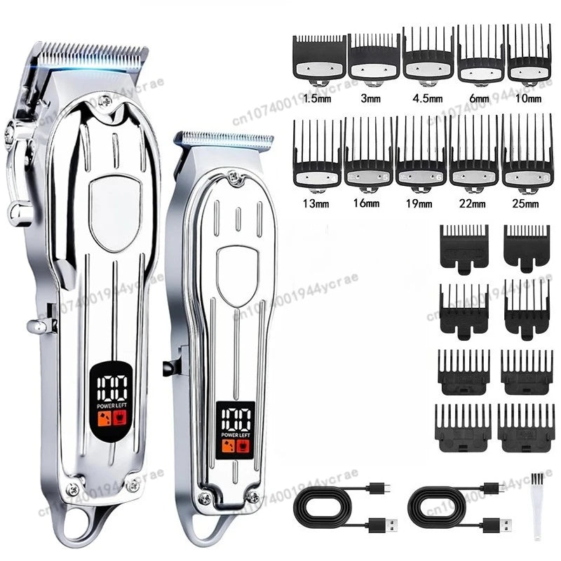 A set of professional cordless hair clipper and trimmer tools with various guard attachments and charging cables.