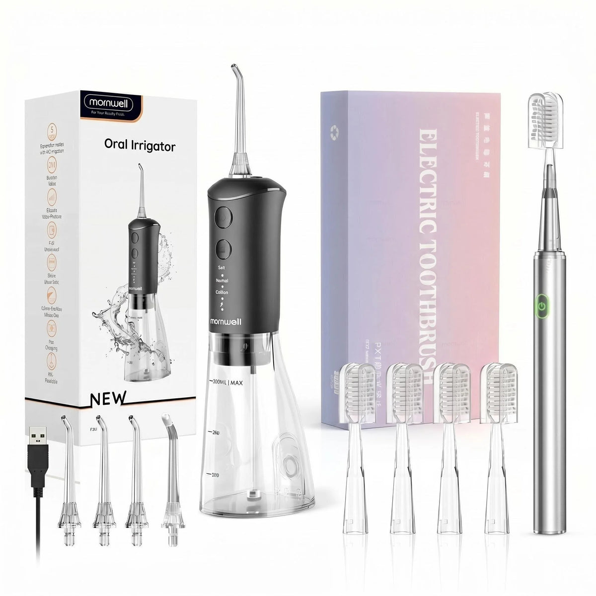 A set of momwell electric toothbrushes and an oral irrigator device displayed on a white background.