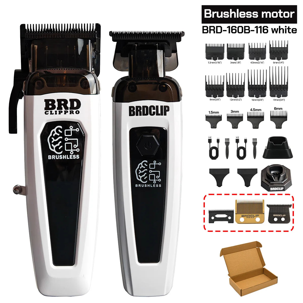 White BRDCLIP brushless motor hair trimmer kit with attachments and storage box