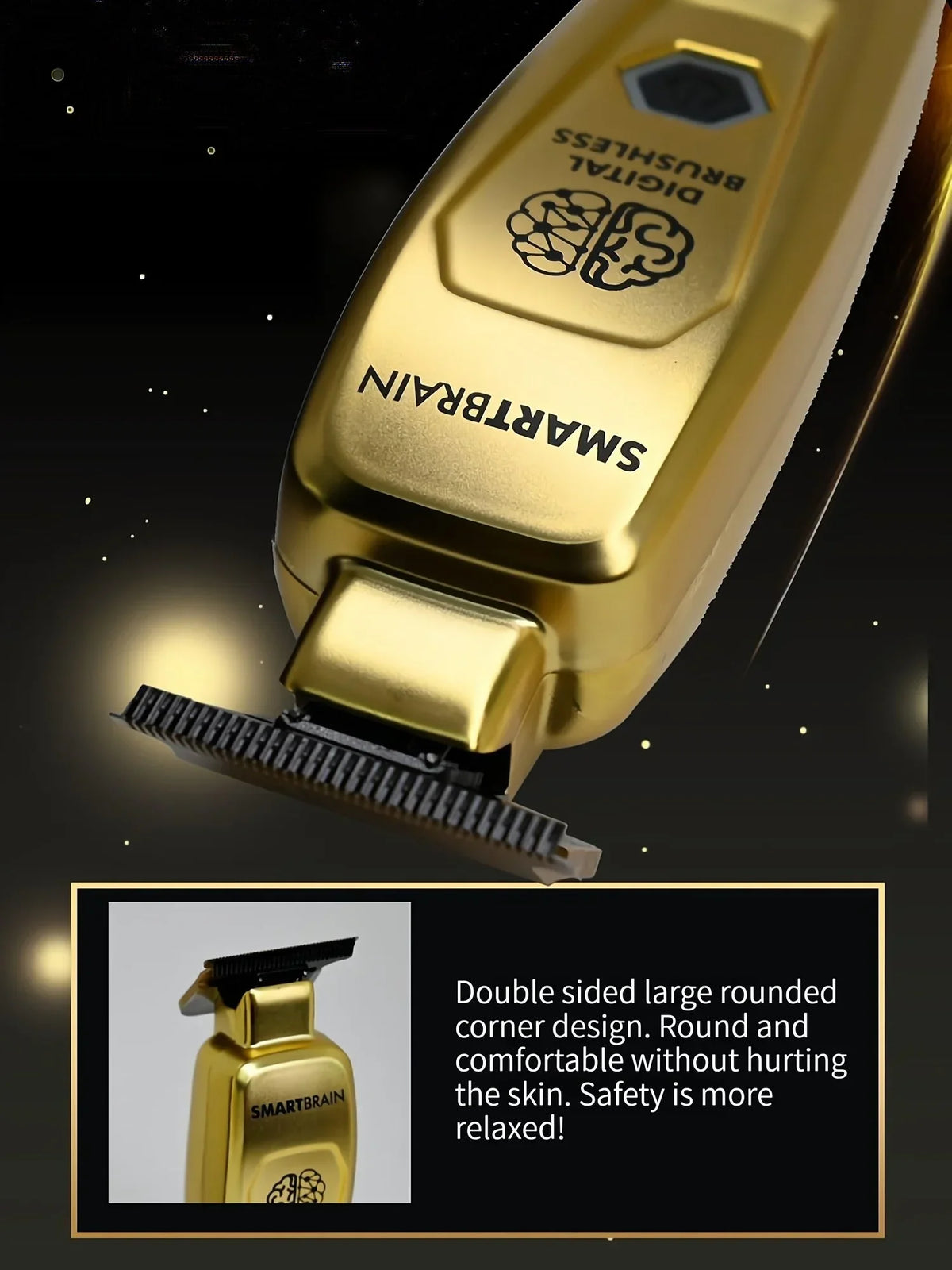 Nahaufnahme einer goldenen digitalen kabellosen Haarschneidemaschine mit doppelseitigem, abgerundetem Eckdesign.