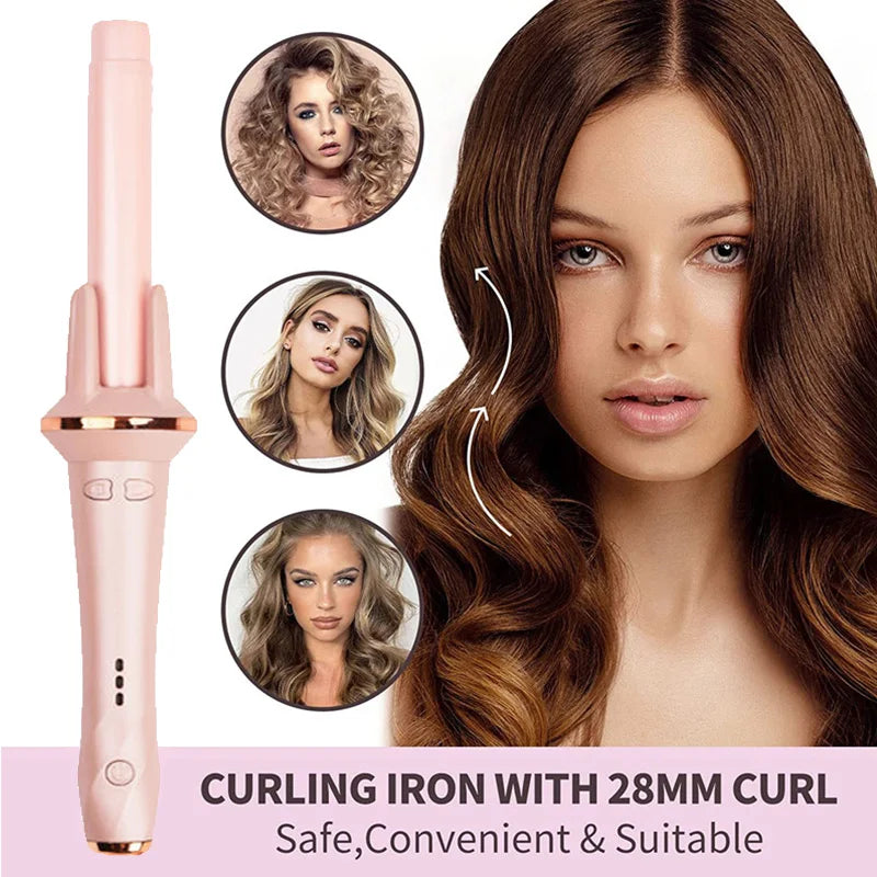 A close-up of a pink curling iron with a hair model demonstrating its use.