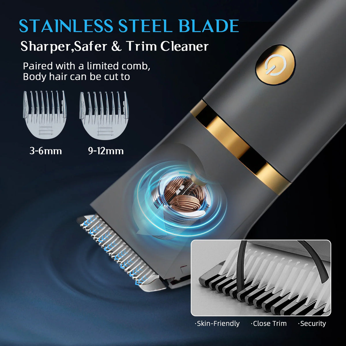 Close-up of a stainless steel blade for hair trimming, showing different sizes and features.