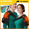 A man and a woman are shown using an electric shoulder heating and vibration massager device.