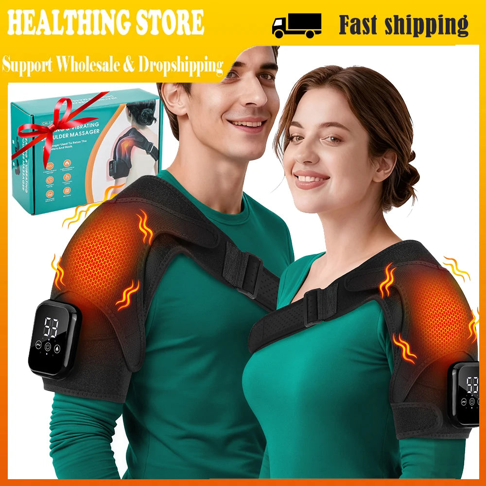 A man and a woman are shown using an electric shoulder heating and vibration massager device.