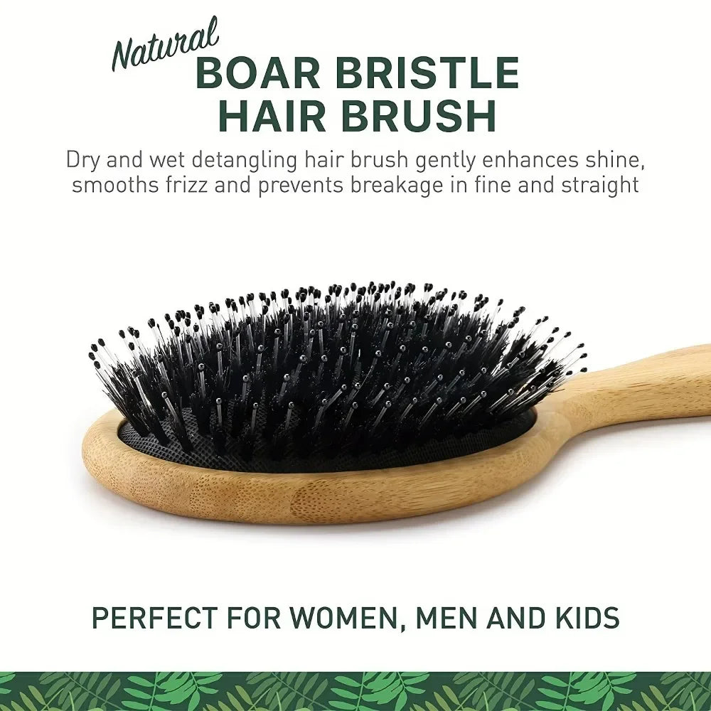 A natural boar bristle hair brush with a wooden handle shown against a green background.