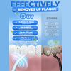 A dental water flosser device is shown cleaning teeth, demonstrating its effectiveness in removing plaque.