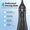 A black YUNCHI portable oral irrigator device showing four modes: Powerful, Standard, Gentle, and Low.