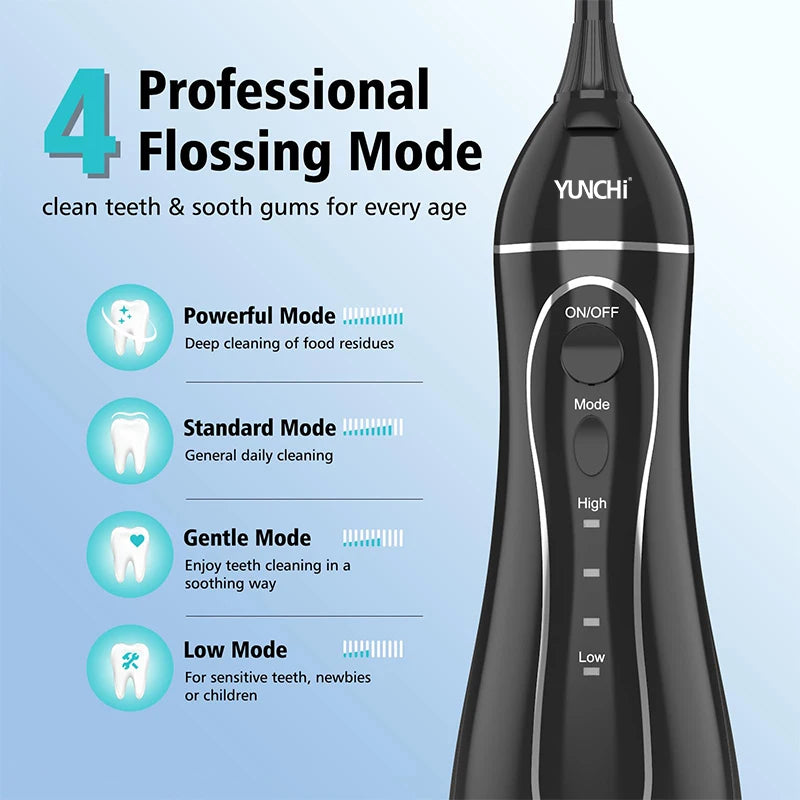 A black YUNCHI portable oral irrigator device showing four modes: Powerful, Standard, Gentle, and Low.
