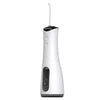 A white portable dental water flosser and oral irrigator device.