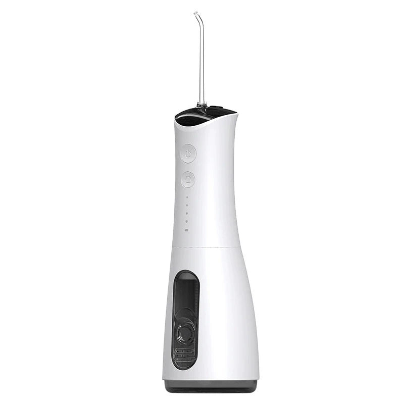 A white portable dental water flosser and oral irrigator device.