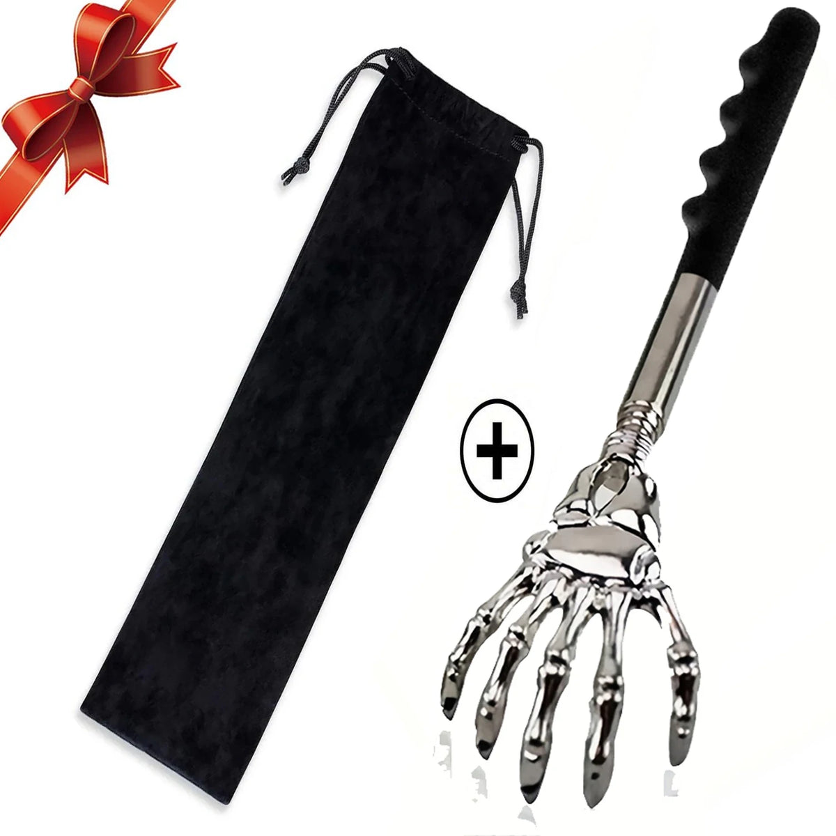 Stainless steel telescopic back scratcher set with a black travel pouch and red ribbon