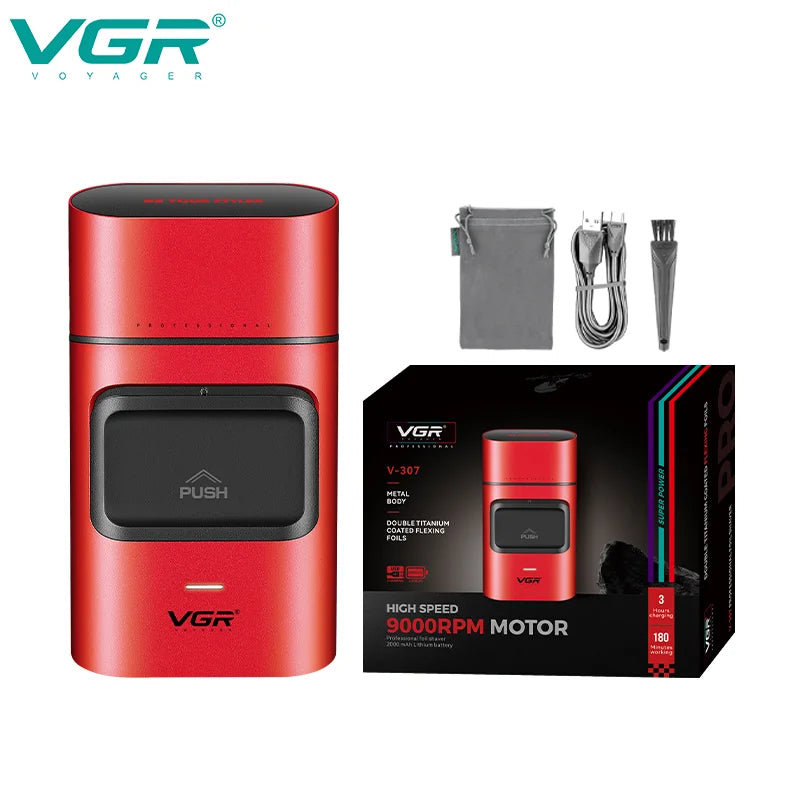 A red VGR electric hair trimmer with a push button and a separate grooming kit shown next to its packaging.