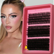 A pink cosmetic palette showing DIY mink-like individual cluster eyelashes in various lengths.