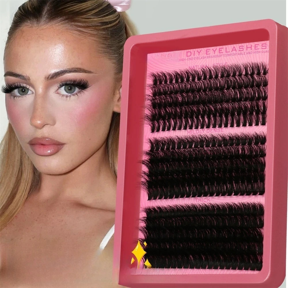 A pink cosmetic palette showing DIY mink-like individual cluster eyelashes in various lengths.